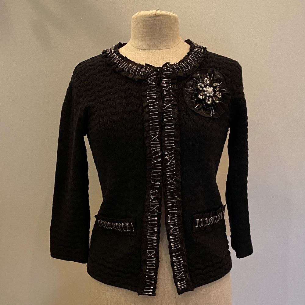 Michael Simon Womens Black Crew Neck Sweater w Flower Silver Embellishment/ Sz S